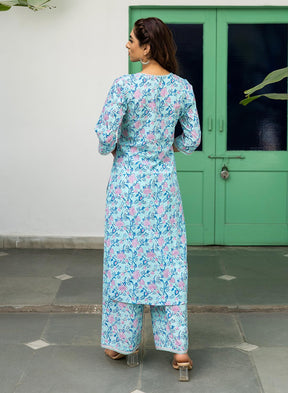 Aasmi Cotton Hand Block Kurta Palazo Set With Kota Dupatta