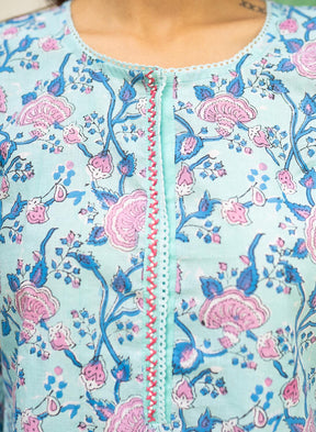 Aasmi Cotton Hand Block Kurta Palazo Set With Kota Dupatta