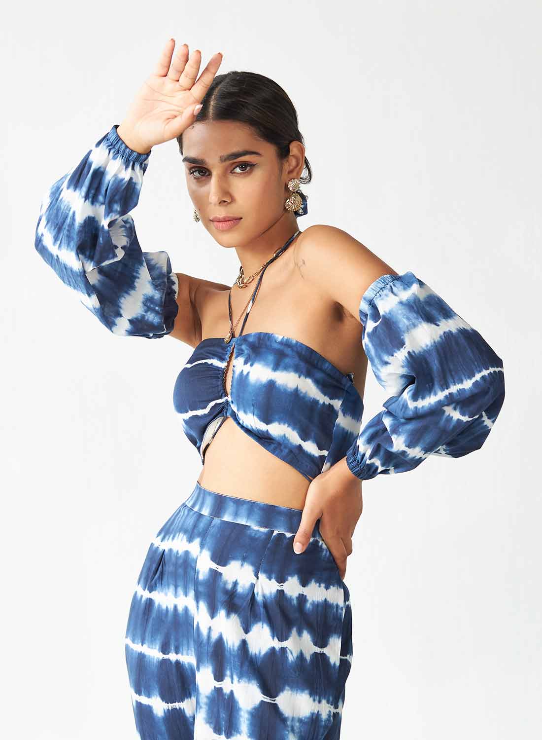 Aza Tie And Dye Crop Top With Detached Puff Sleeves