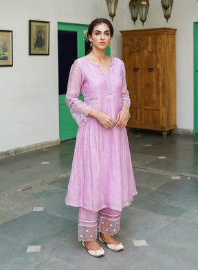 Jannvi Chanderi A- line Kurta Set With Bead Work Embroidery, Plazzo And Organza Dupatta