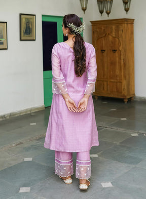 Jannvi Chanderi A- line Kurta Set With Bead Work Embroidery, Plazzo And Organza Dupatta