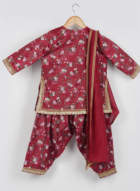 Kids Maroon Floral Printed Velvet Salwar Set