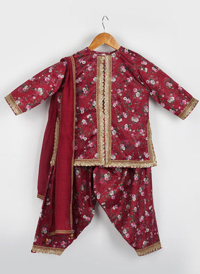 Kids Maroon Floral Printed Velvet Salwar Set