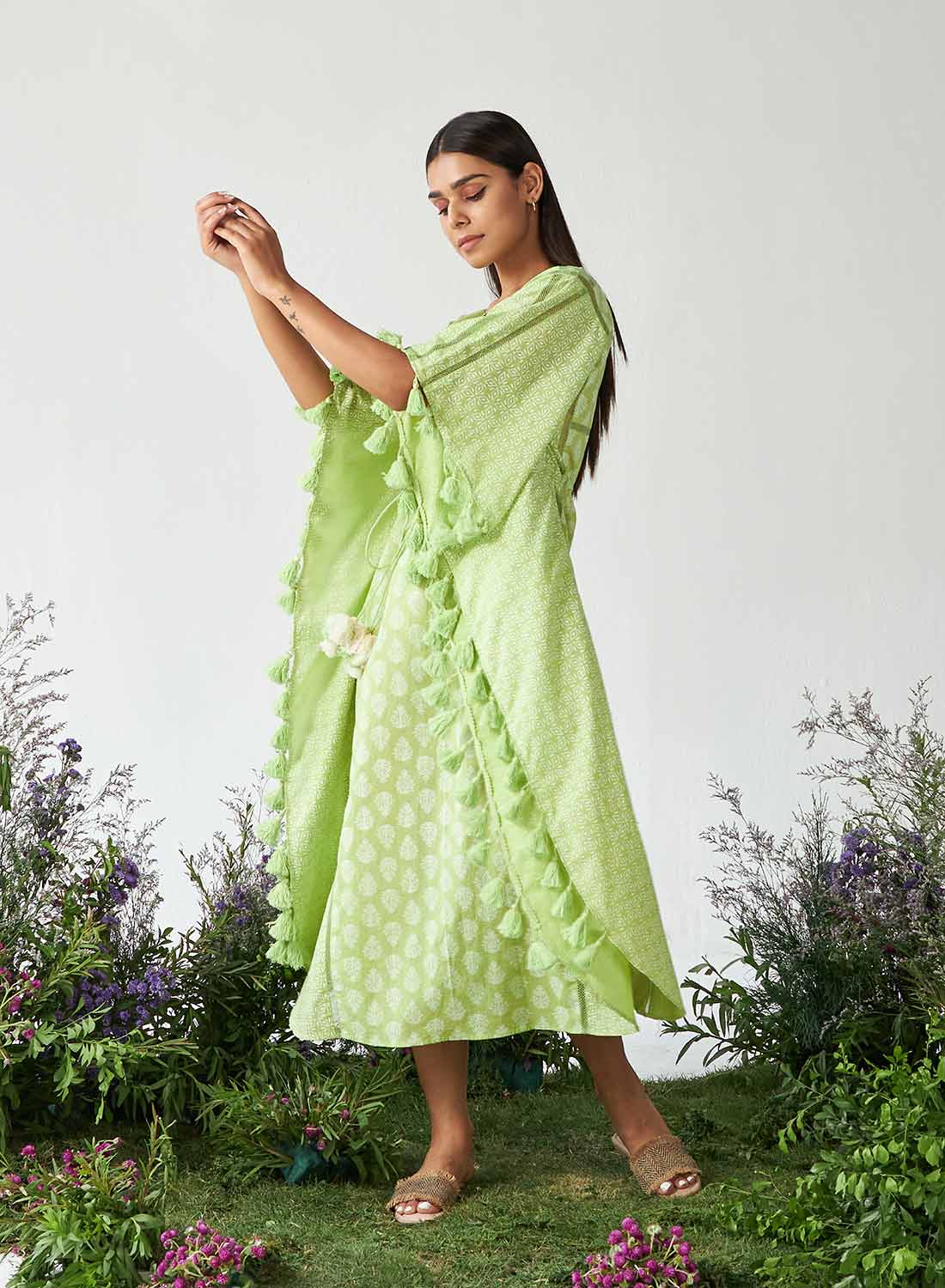 Mesha Lime Green Handblock Kaftan