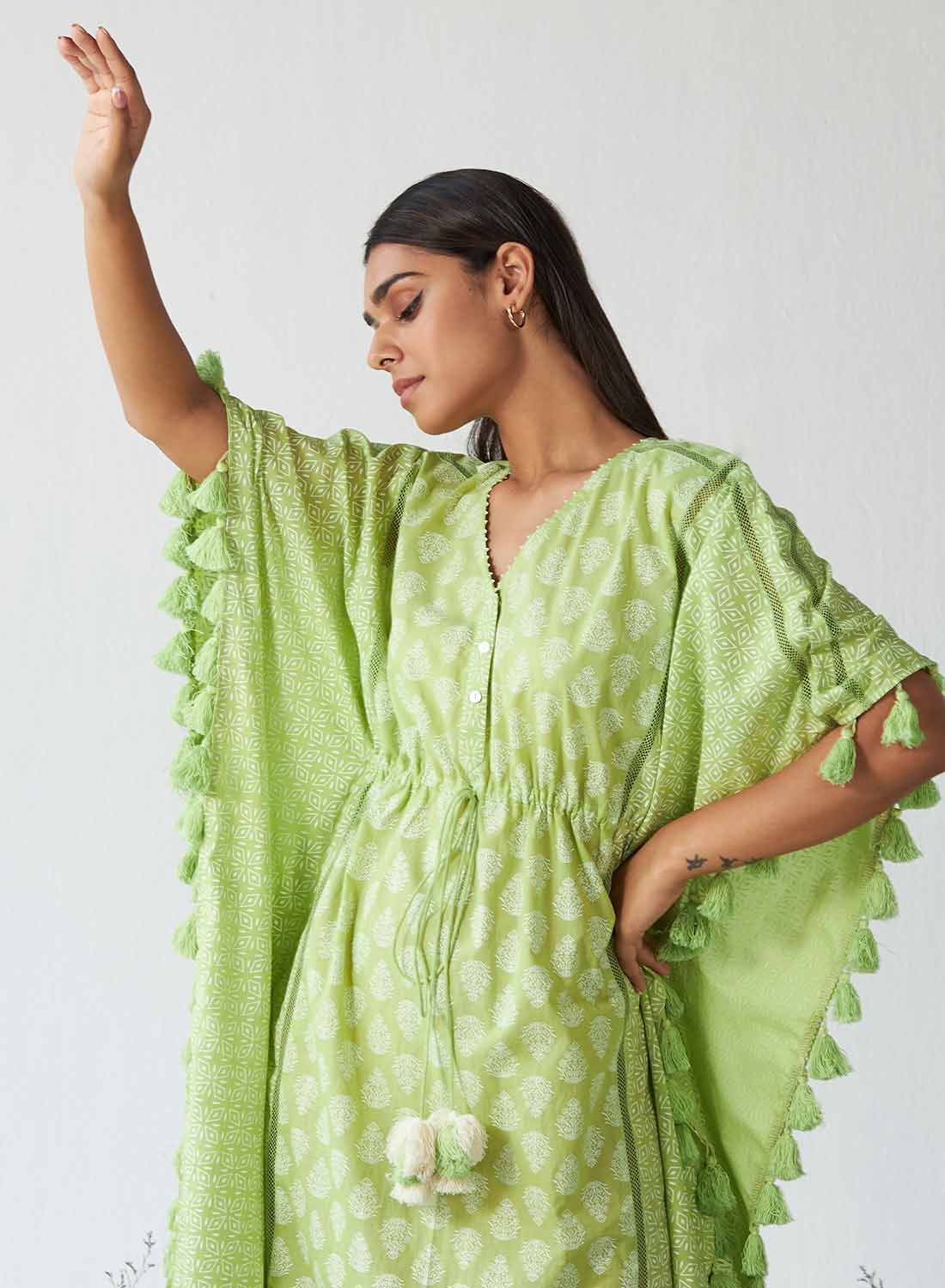 Mesha Lime Green Handblock Kaftan