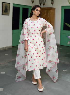 Rabani Cotton Embroidered Kurta Set With Printed Organza Dupatta