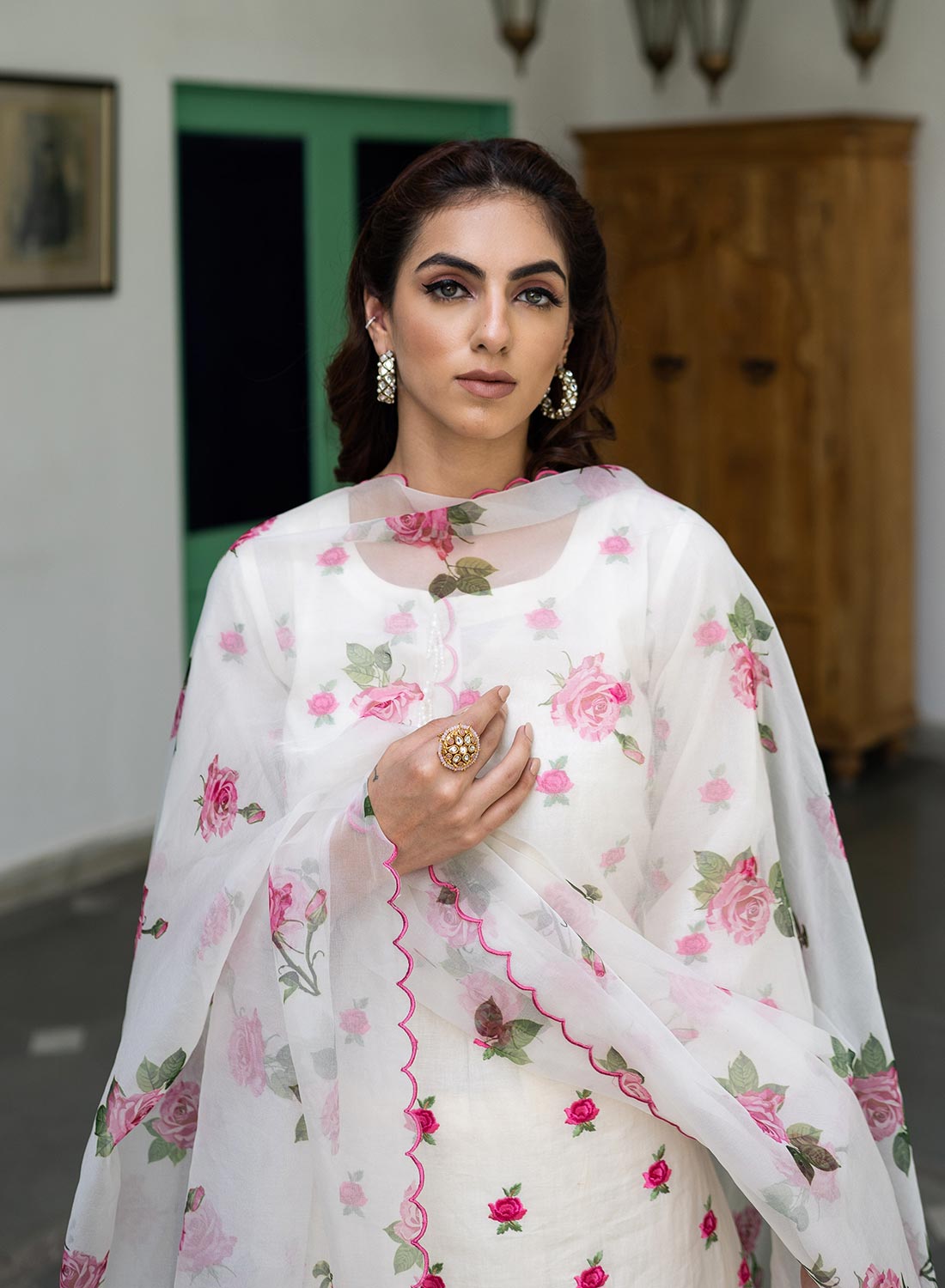 Rabani Cotton Embroidered Kurta Set With Printed Organza Dupatta