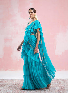 Ruhi Sharara Saree With Embroided Pallu And Mirror Work Blouse