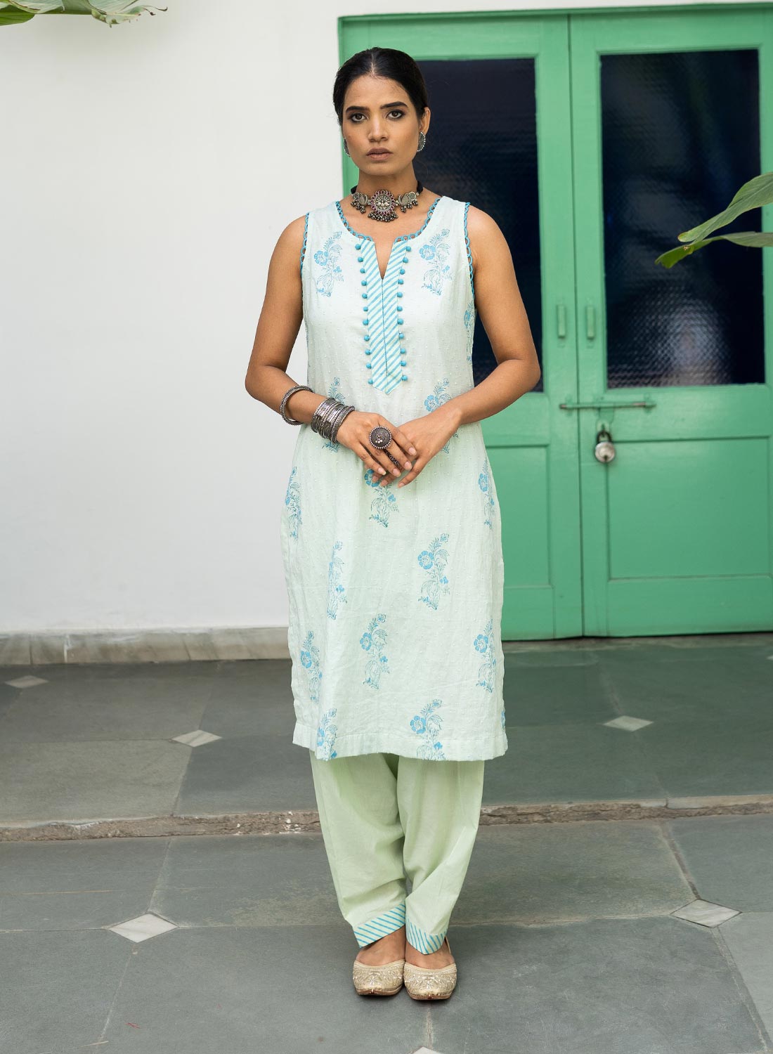 Shanvi Cotton Handblock Kurta Salwar Set With Chiffon Dupatta