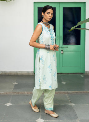 Shanvi Cotton Handblock Kurta Salwar Set With Chiffon Dupatta