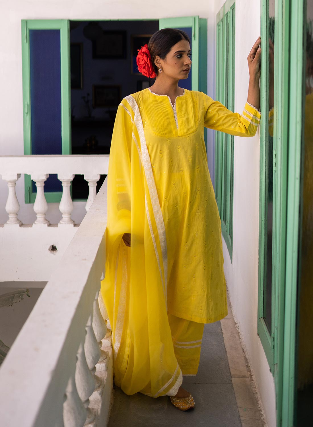 Tishya Sequence Embroidered Suit Set With Organza Paneled Pant And Organza Lace Dupatta