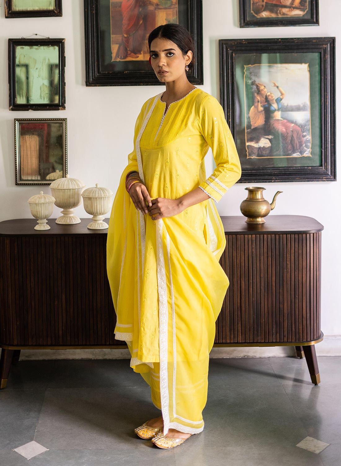 Tishya Sequence Embroidered Suit Set With Organza Paneled Pant And Organza Lace Dupatta