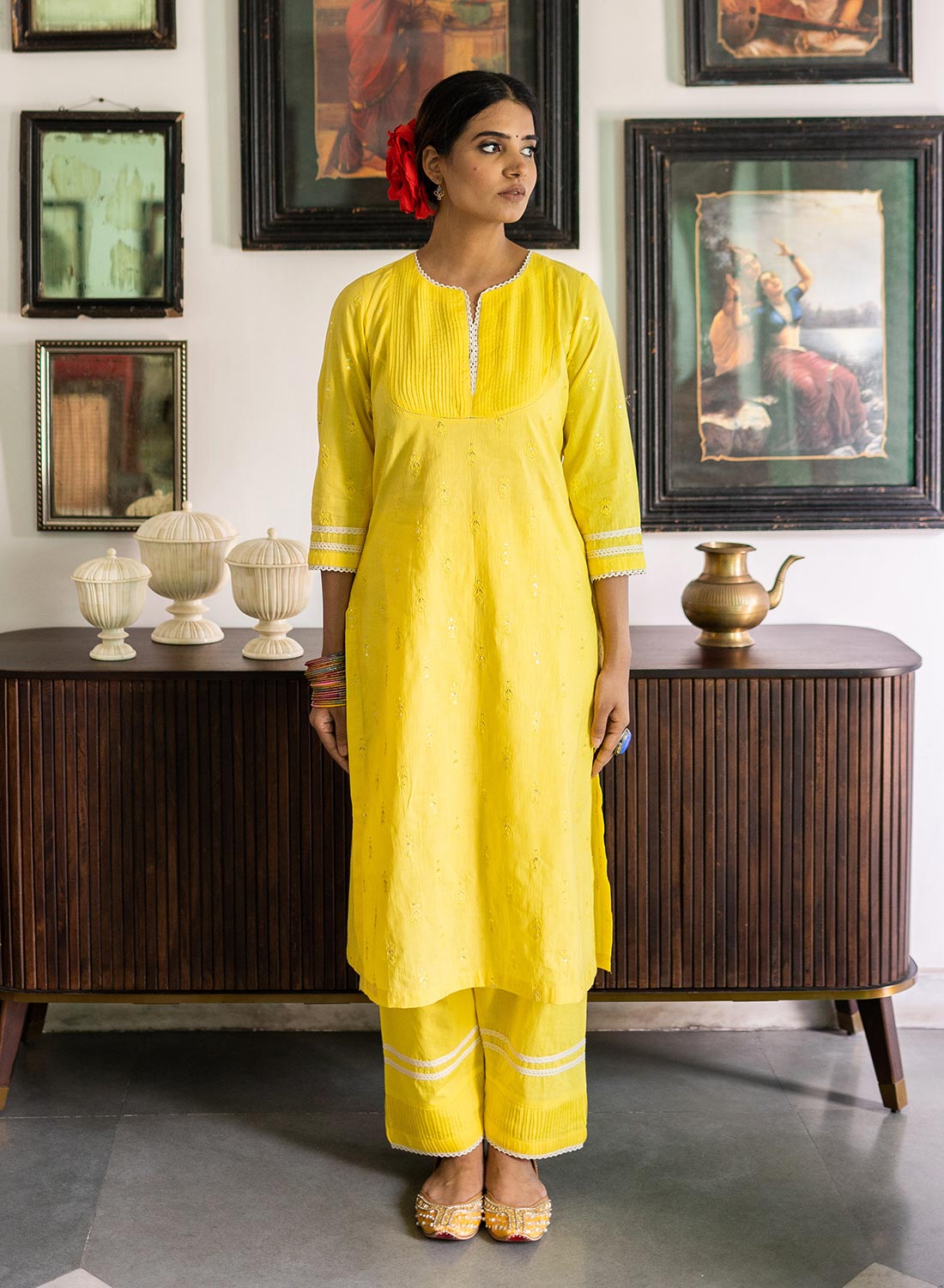 Tishya Sequence Embroidered Suit Set With Organza Paneled Pant And Organza Lace Dupatta