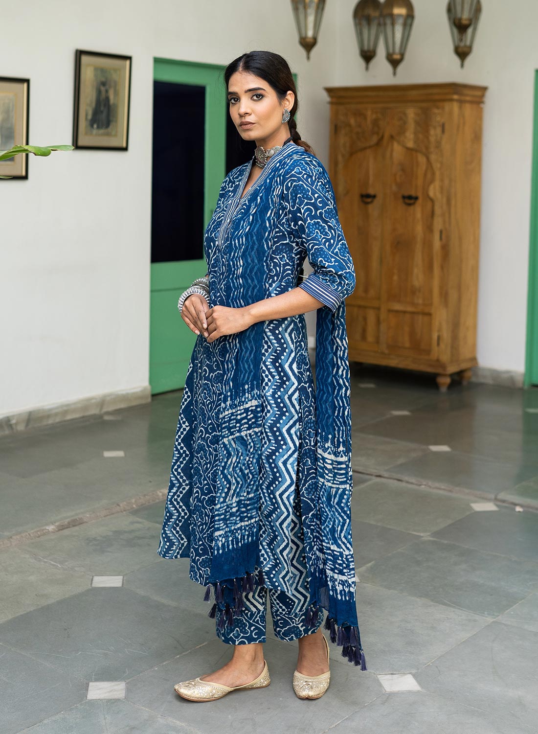 Rabani Indigo Cotton Hand Block Kurta Set With Chiffon Dupatta