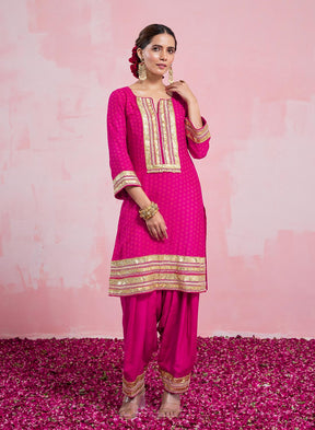 Vera Handblock Suit Set With Gota And Bead Work