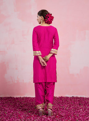 Vera Handblock Suit Set With Gota And Bead Work